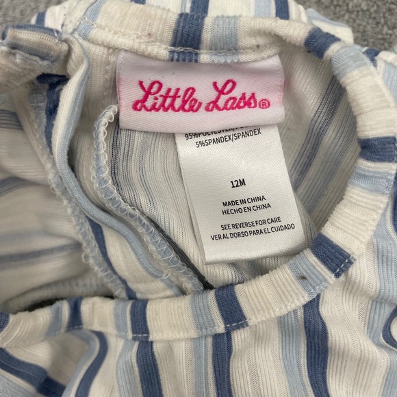 Little Lass Baby Girls Blue White Striped Ribbed Ruffle Short Set 12M RN167639 - Picture 7 of 8